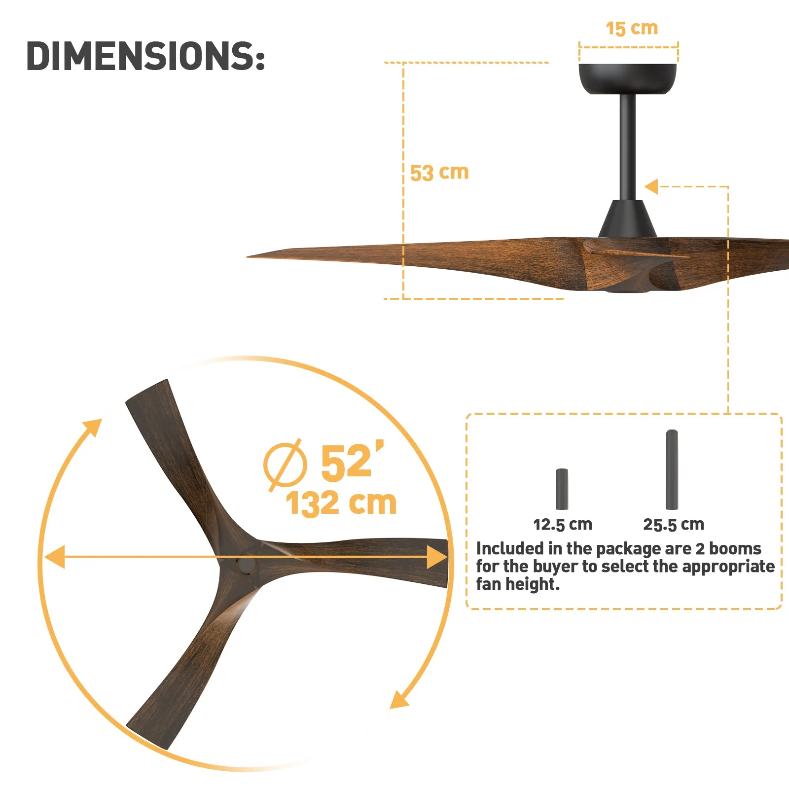 PERTH 132cm / 52 inch 3 Blade DC Modern Ceiling Fan Walnut in Hand Painted