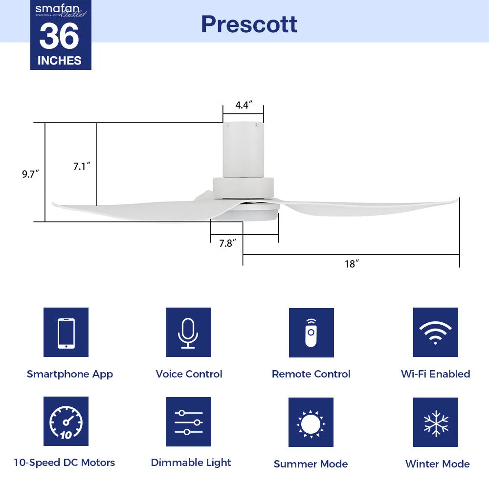 Prescott Low Profile Smart Fan with LED light and Remote 36 Inch