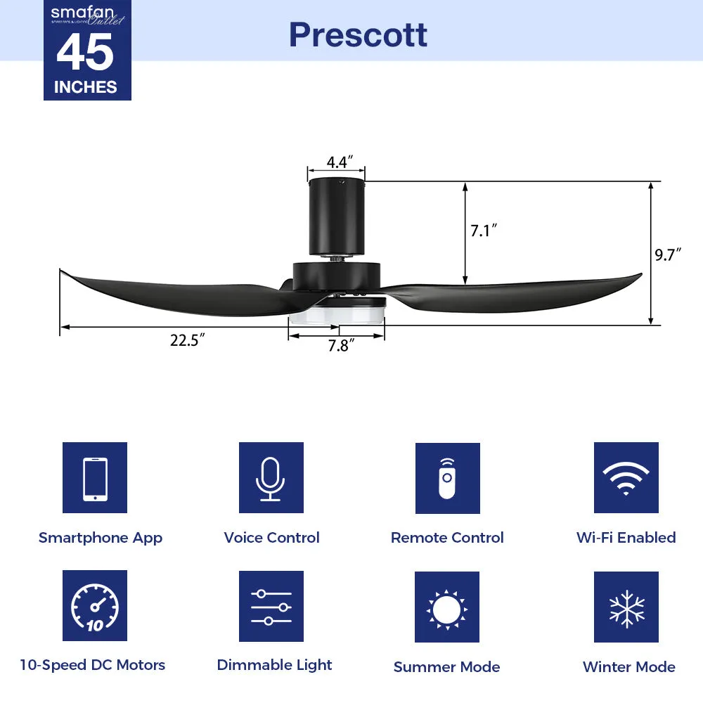 Prescott Low Profile Smart Fan with LED light and Remote 45 Inch