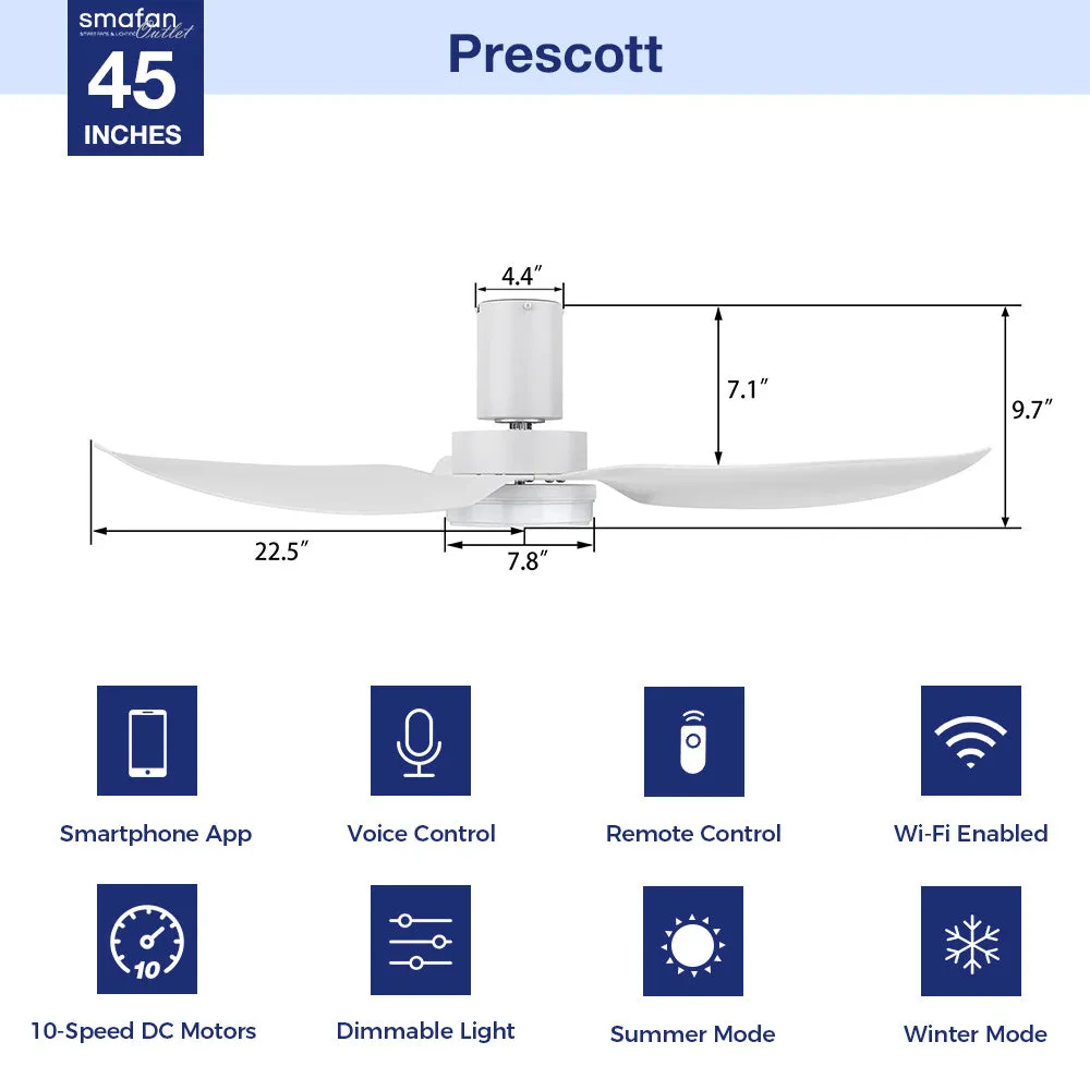 Prescott Low Profile Smart Fan with LED light and Remote 45 Inch