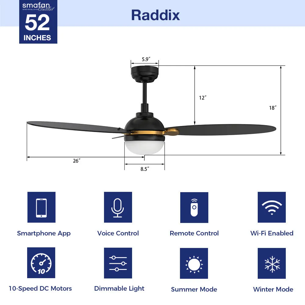 Raddix Outdoor Smart Ceiling Fan with Dimmable LED Light Remote 52"