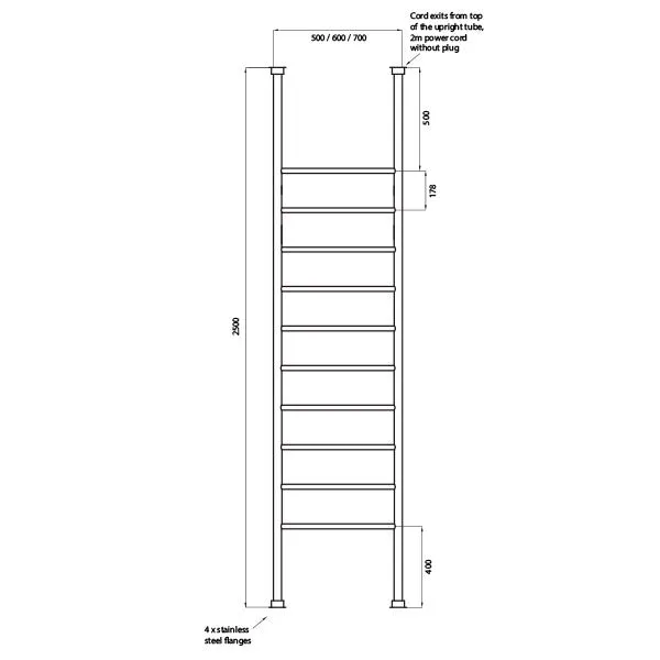 Radiant 500 x 2500mm Round Bar Floor to Ceiling Heated Towel Ladder