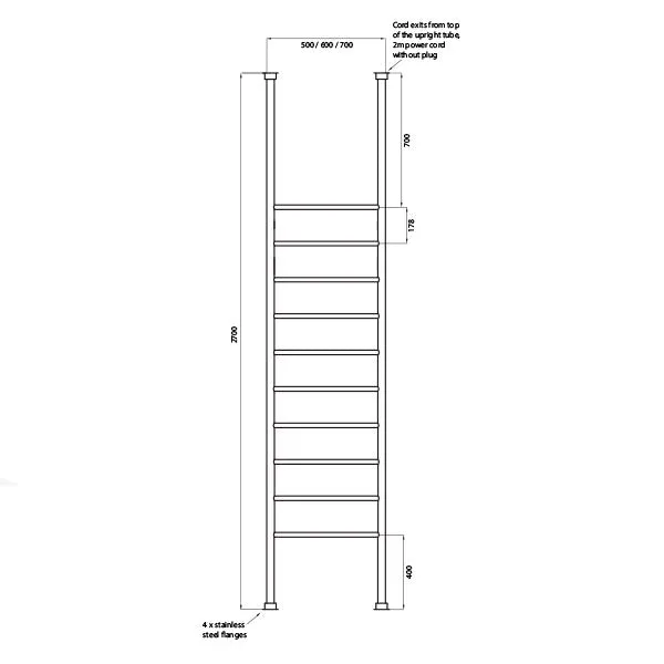 Radiant 600 x 2700mm Round Bar Floor to Ceiling Heated Towel Ladder