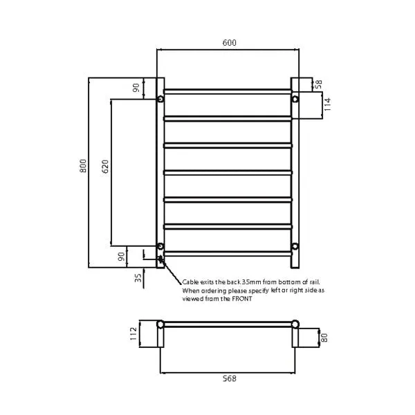Radiant Round 7 Bar Heated Rail 600mmx800mm Brushed Stainless Steel