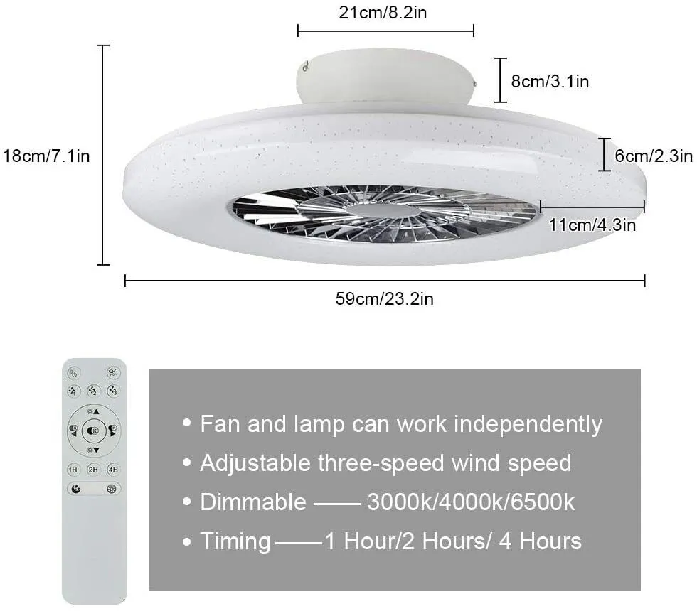 Remote Ceiling Fan with Light Kit-40W Modern Dimmable Ceiling Fan Lighting, 7 Invisible Blades Ceiling Fans, 23 Inch Ceiling Lighting Fixture Flush Mount, 3 Color Changeable, 3 Files, Timing