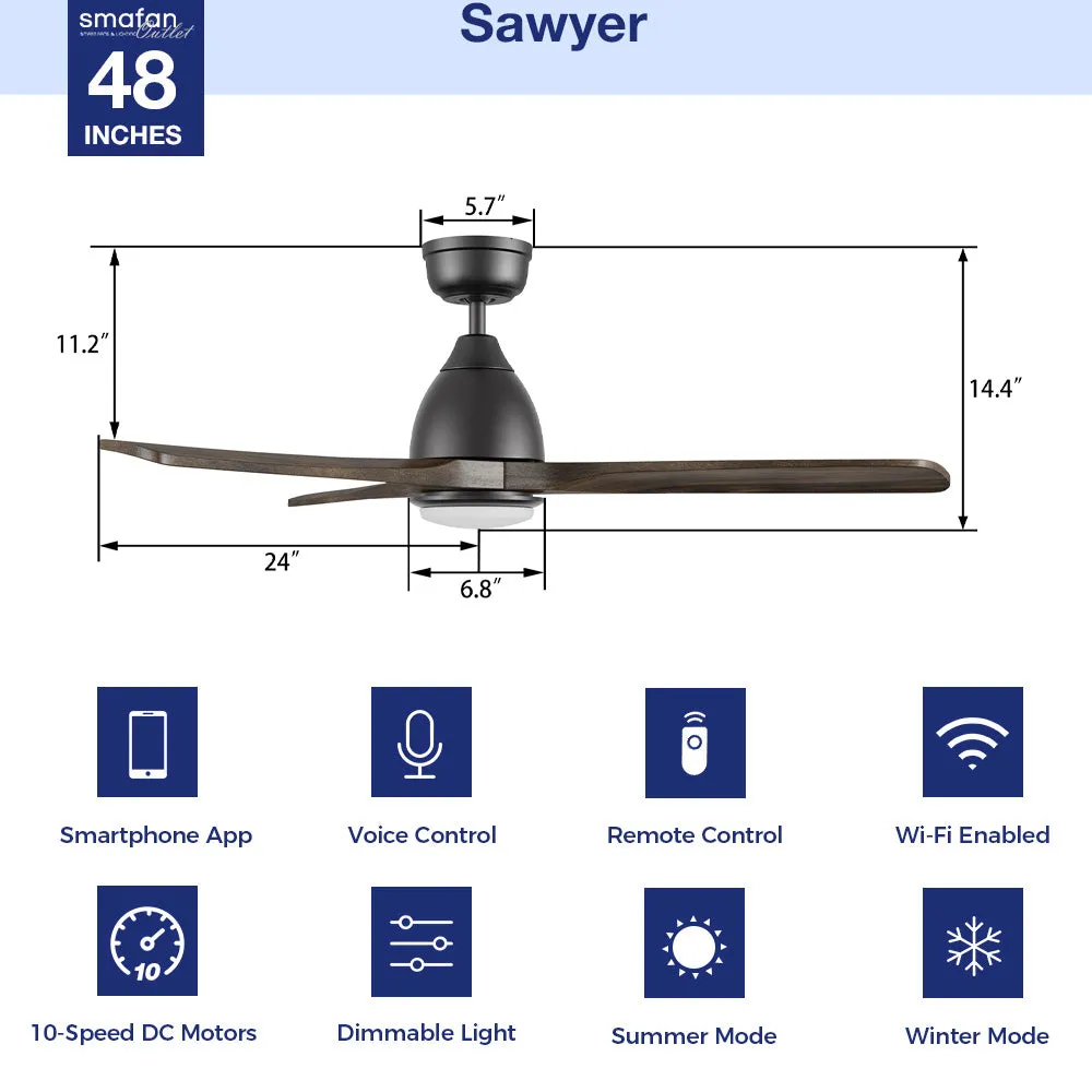 Sawyer Smart Ceiling Fan with LED Light and Remote Outdoor/Indoor 48"
