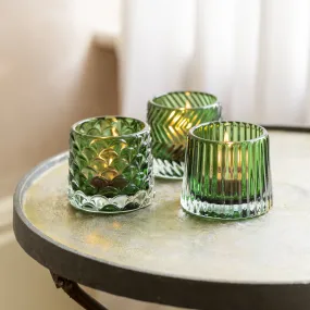 Set of Three Small Decorative Glass Tealight Holders - Green