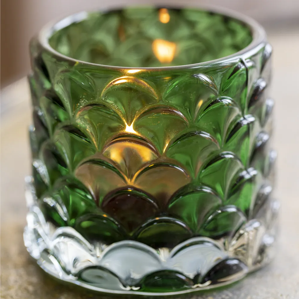 Set of Three Small Decorative Glass Tealight Holders - Green