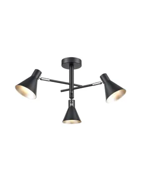 SKO Black & Silver Scooped 3 Arm Semi-Flush Ceiling Light - 10995