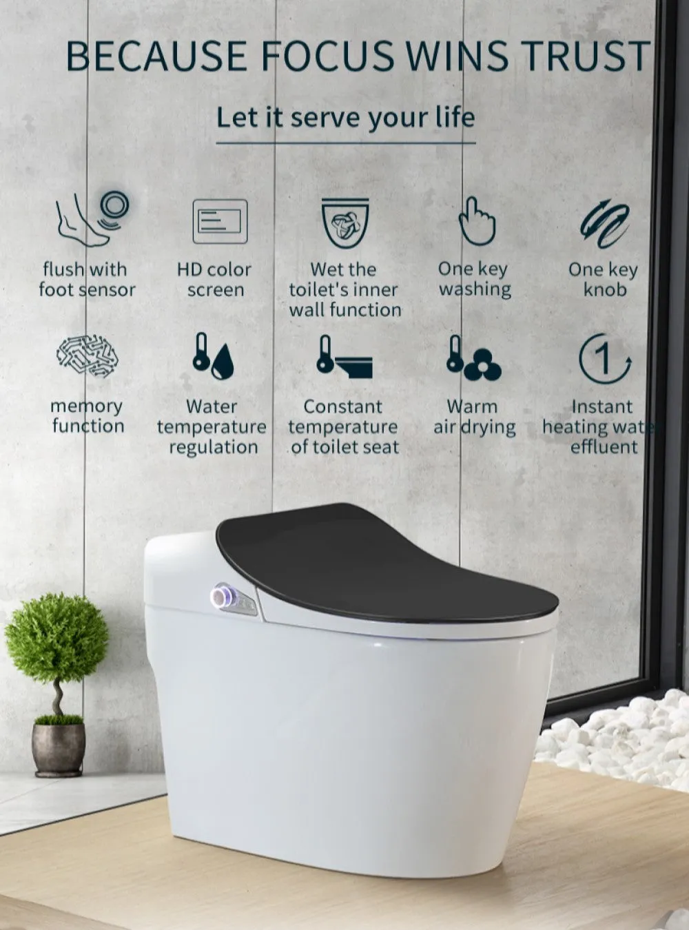 SLT680 | Luxury Smart Toilet One-Piece Floor Mounted HD Screen &Remote Control Simple Fashionable Design- Black