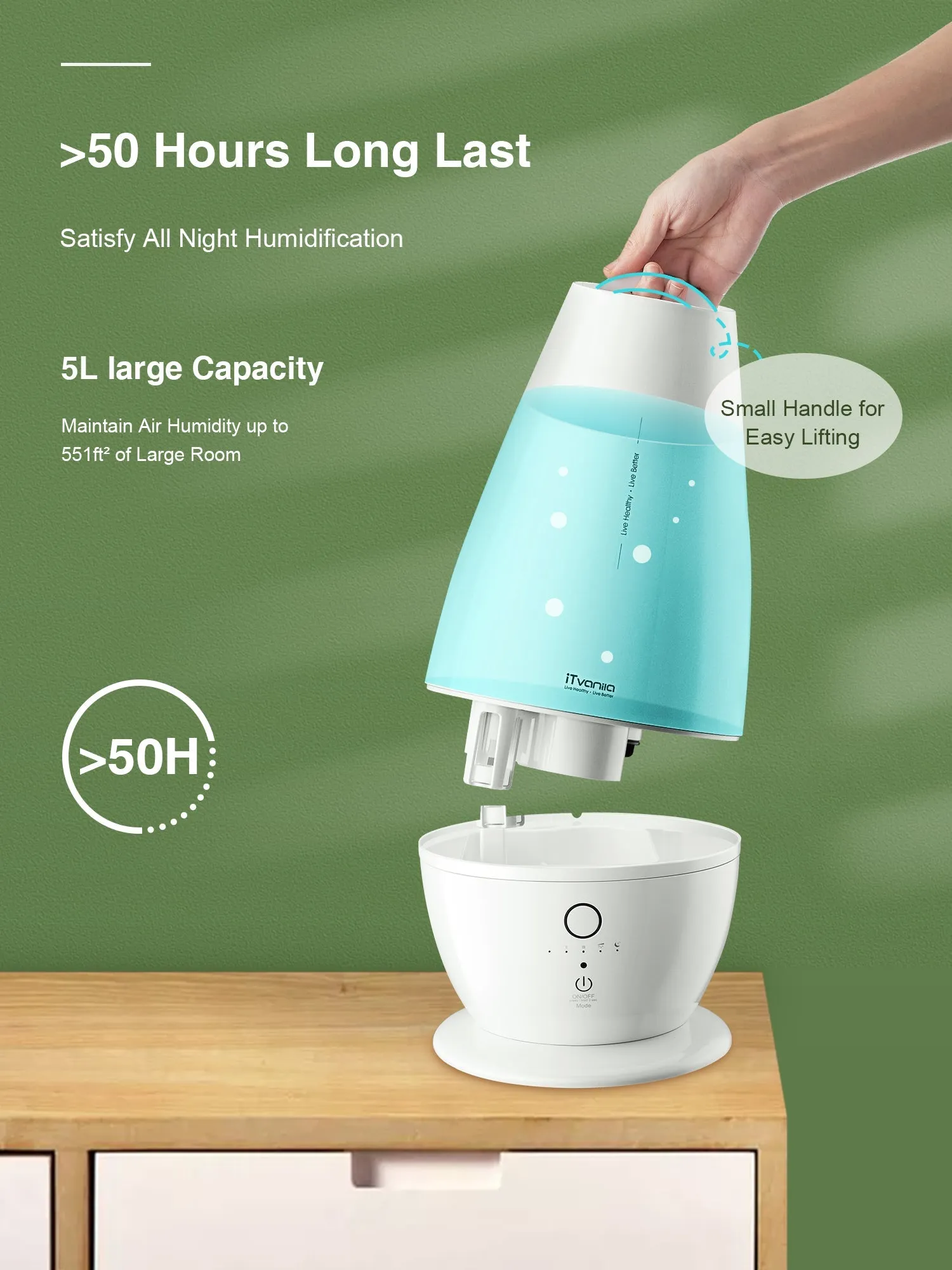Smart Cool Mist Humidifiers, Large Room Use, 5L Floor, Accurate Humidity Indicator, Intelligent Constant Humidity, Built-in renewable filter, and activated carbon purification