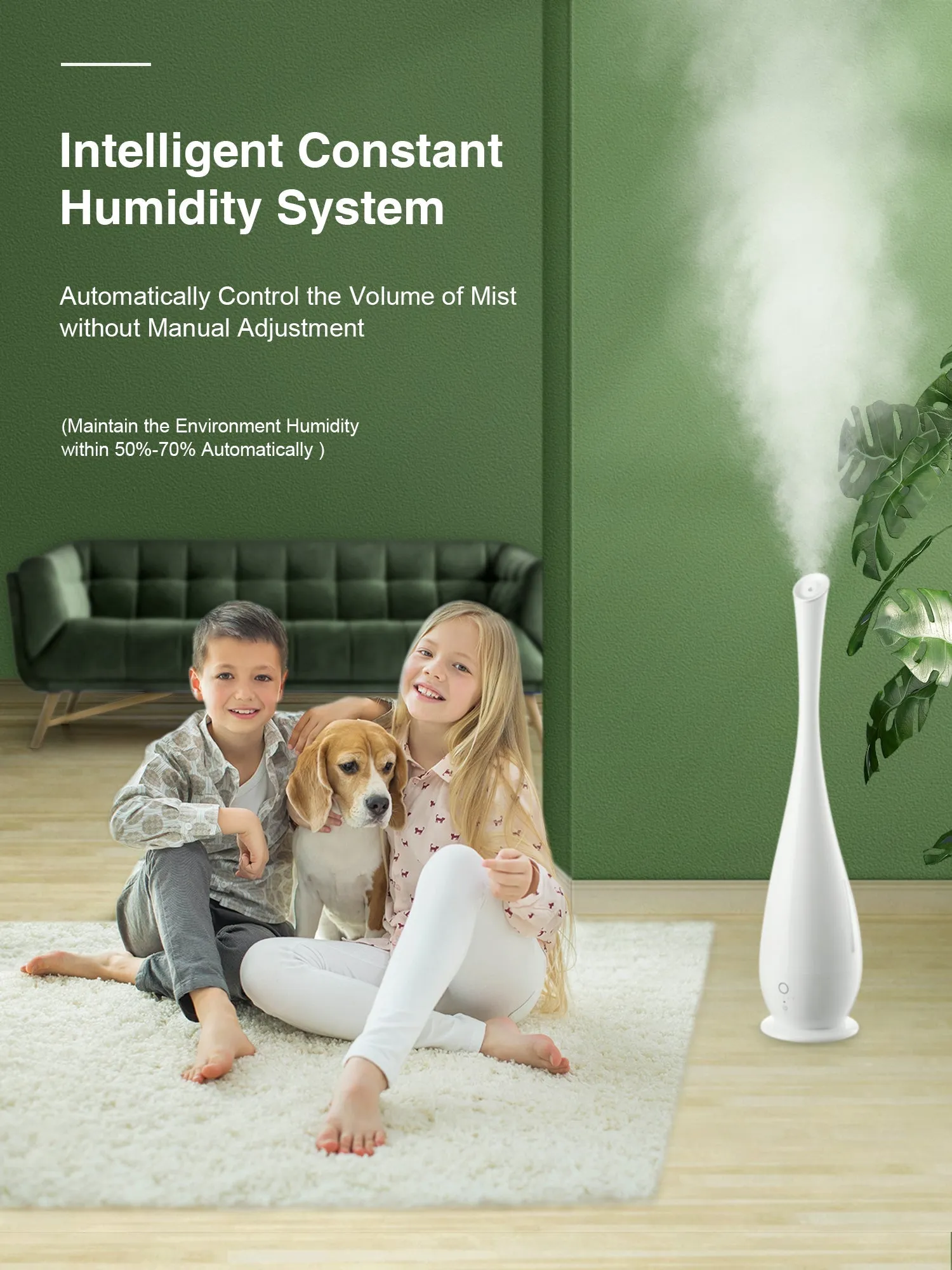 Smart Cool Mist Humidifiers, Large Room Use, 5L Floor, Accurate Humidity Indicator, Intelligent Constant Humidity, Built-in renewable filter, and activated carbon purification