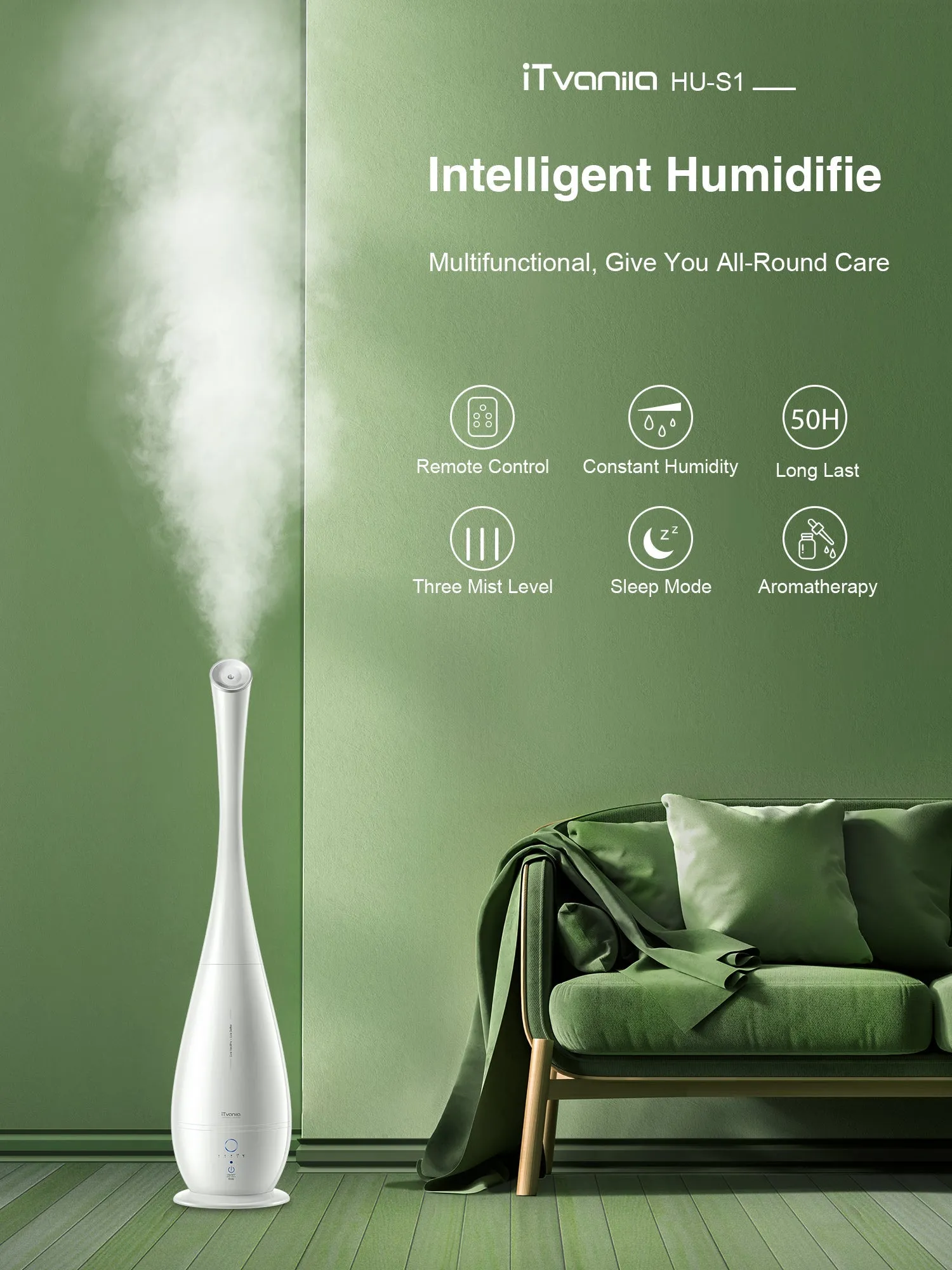 Smart Cool Mist Humidifiers, Large Room Use, 5L Floor, Accurate Humidity Indicator, Intelligent Constant Humidity, Built-in renewable filter, and activated carbon purification
