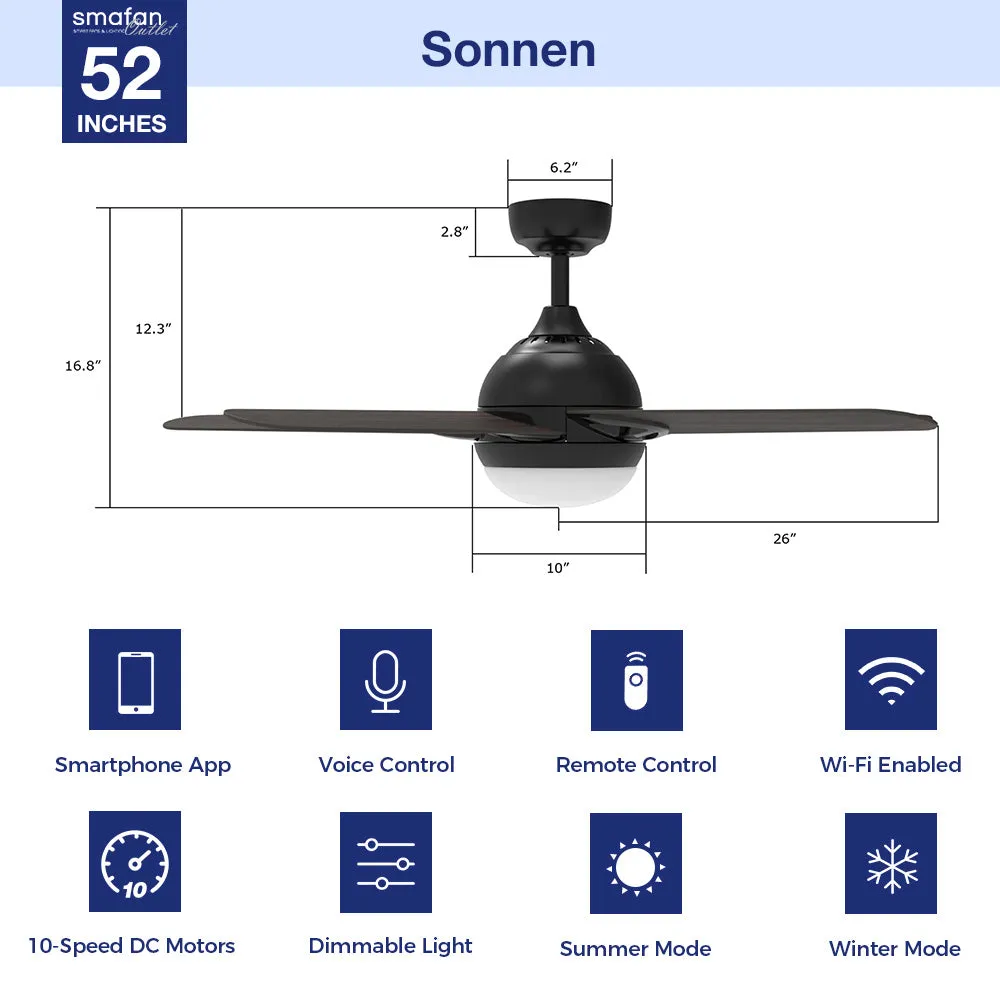 Sonnen Outdoor Smart Ceiling Fan with LED Light and Remote 52 inch