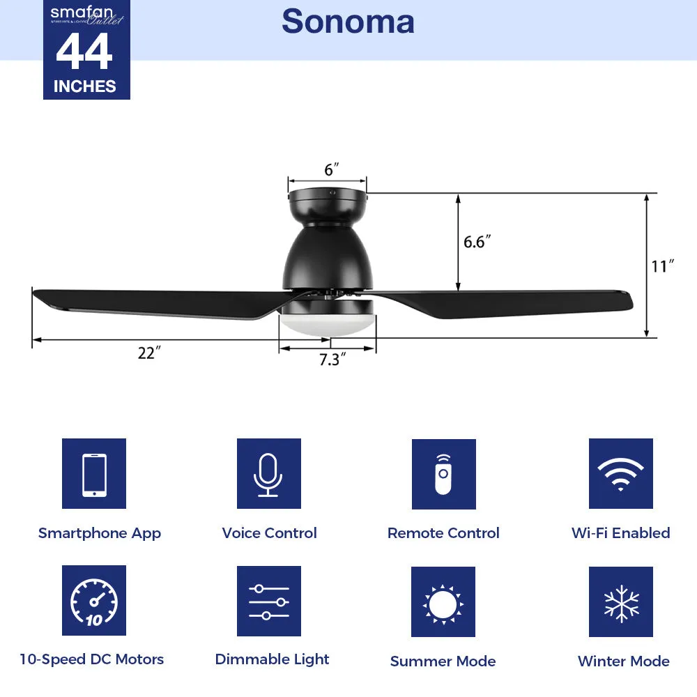 Sonoma Low Profile Smart Fan with LED light and Remote 44 Inch