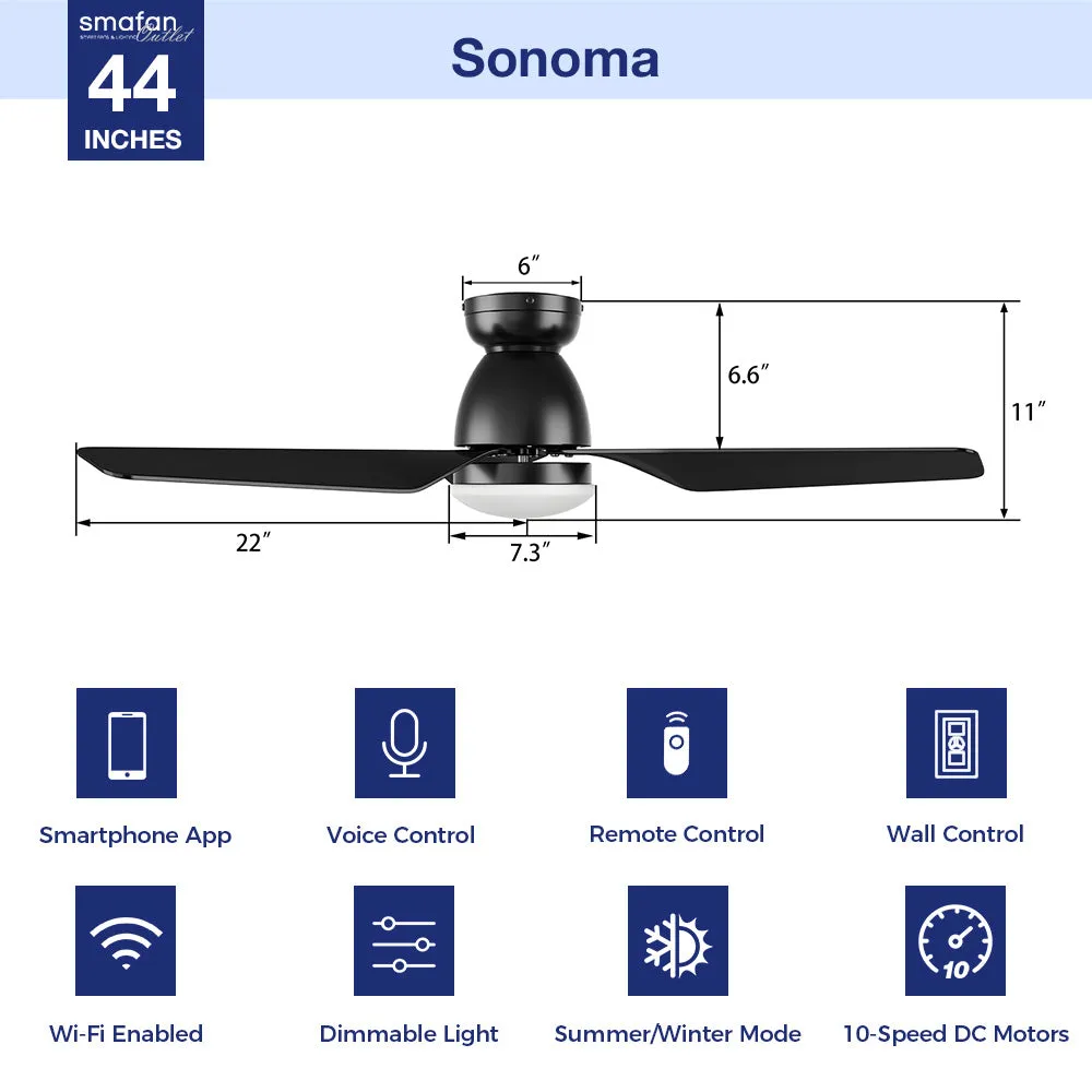 Sonoma Ⅱ Low Profile Smart Fan with LED light and Remote 44 Inch