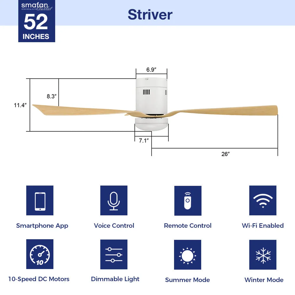 Striver Low Profile Smart Fan with LED light and Remote 52 Inch
