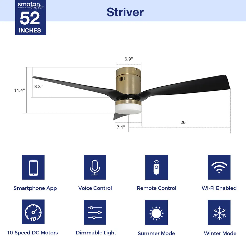 Striver Low Profile Smart Fan with LED light and Remote 52 Inch