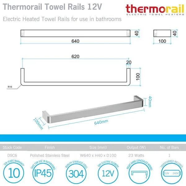 Thermorail 12V Single Bar Heated Rail 640mm - Polished SS