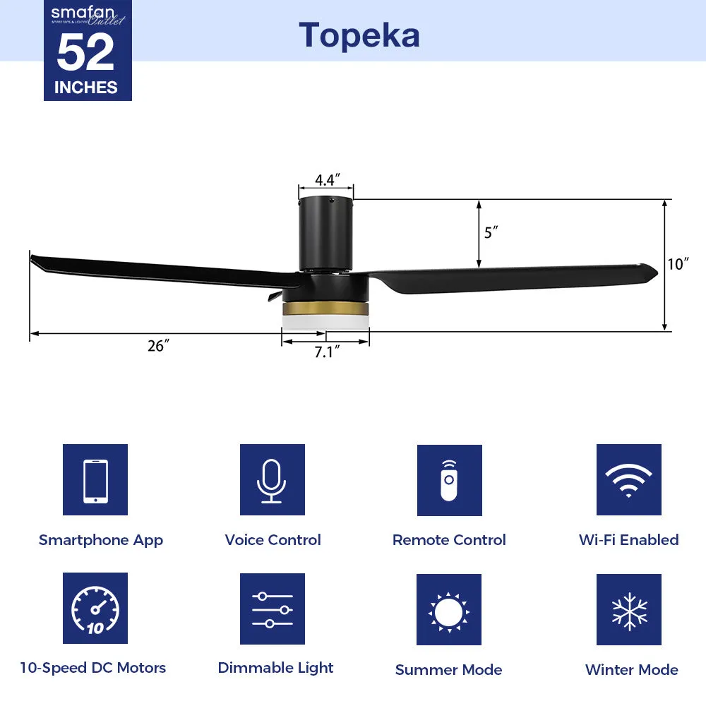 Topeka Low Profile Smart Ceiling Fan with LED Light and remote 52 inch
