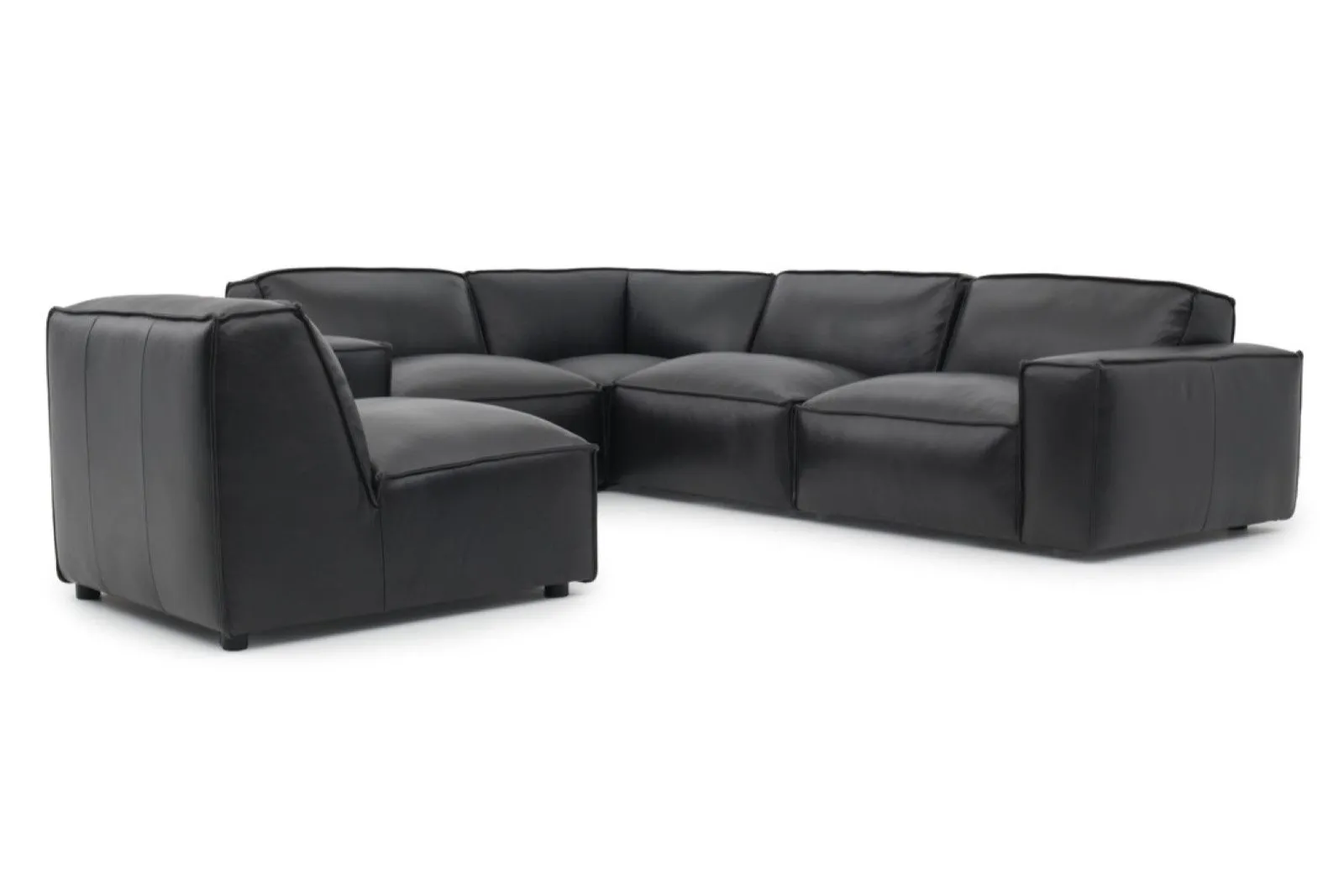 Valencia Nathan Full Aniline Leather Modular Sofa with Down Feather, L-Shape, Black Color