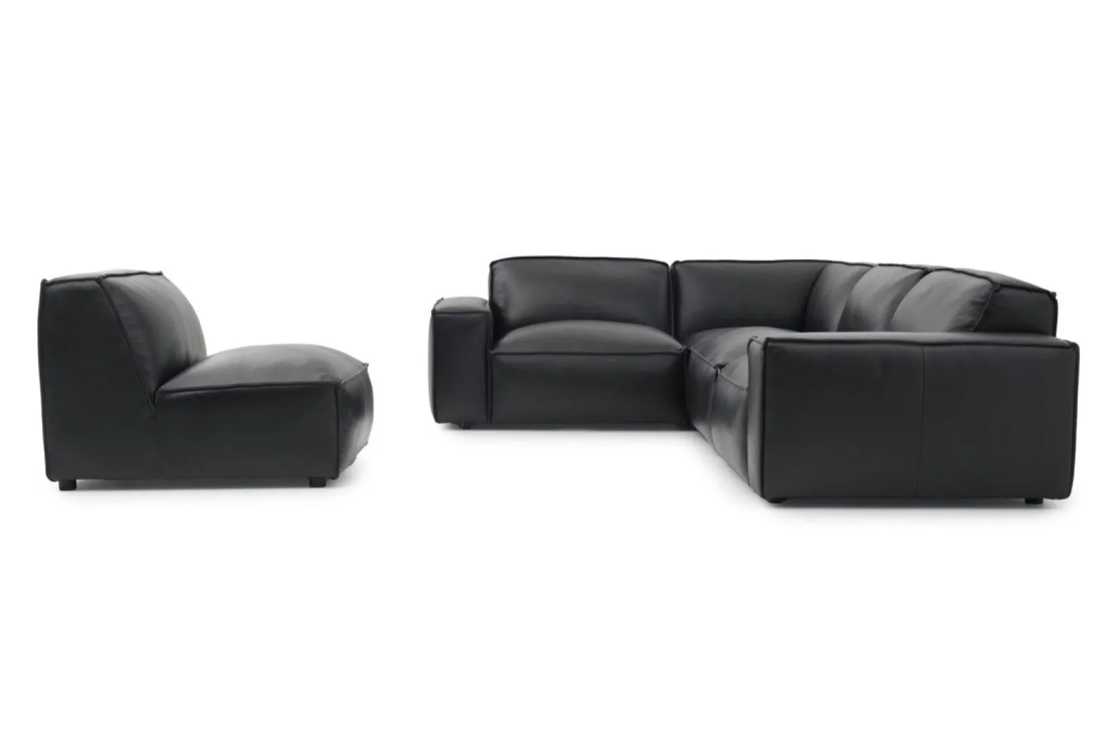Valencia Nathan Full Aniline Leather Modular Sofa with Down Feather, L-Shape, Black Color