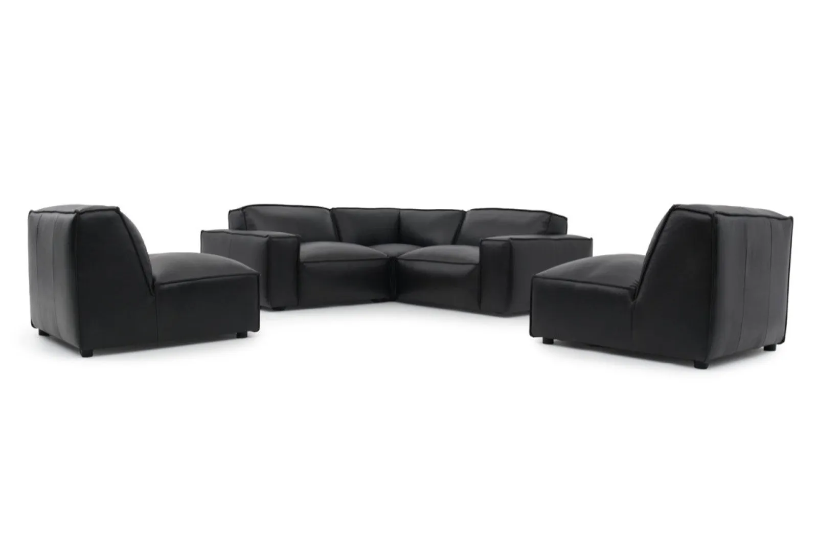 Valencia Nathan Full Aniline Leather Modular Sofa with Down Feather, L-Shape, Black Color