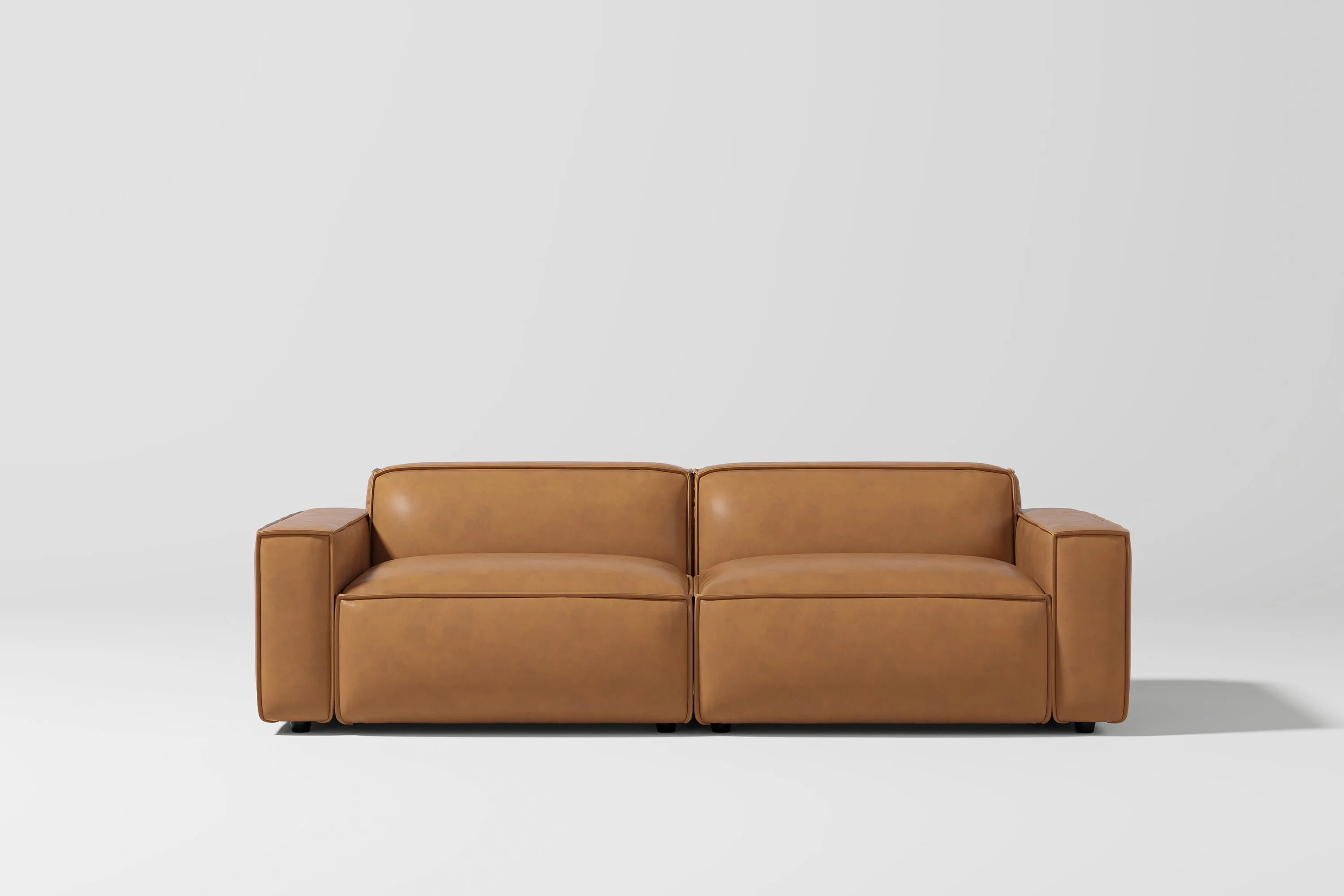 Valencia Nathan Full Aniline Leather Modular Sofa with Down Feather, Loveseat, Caramel Brown Color