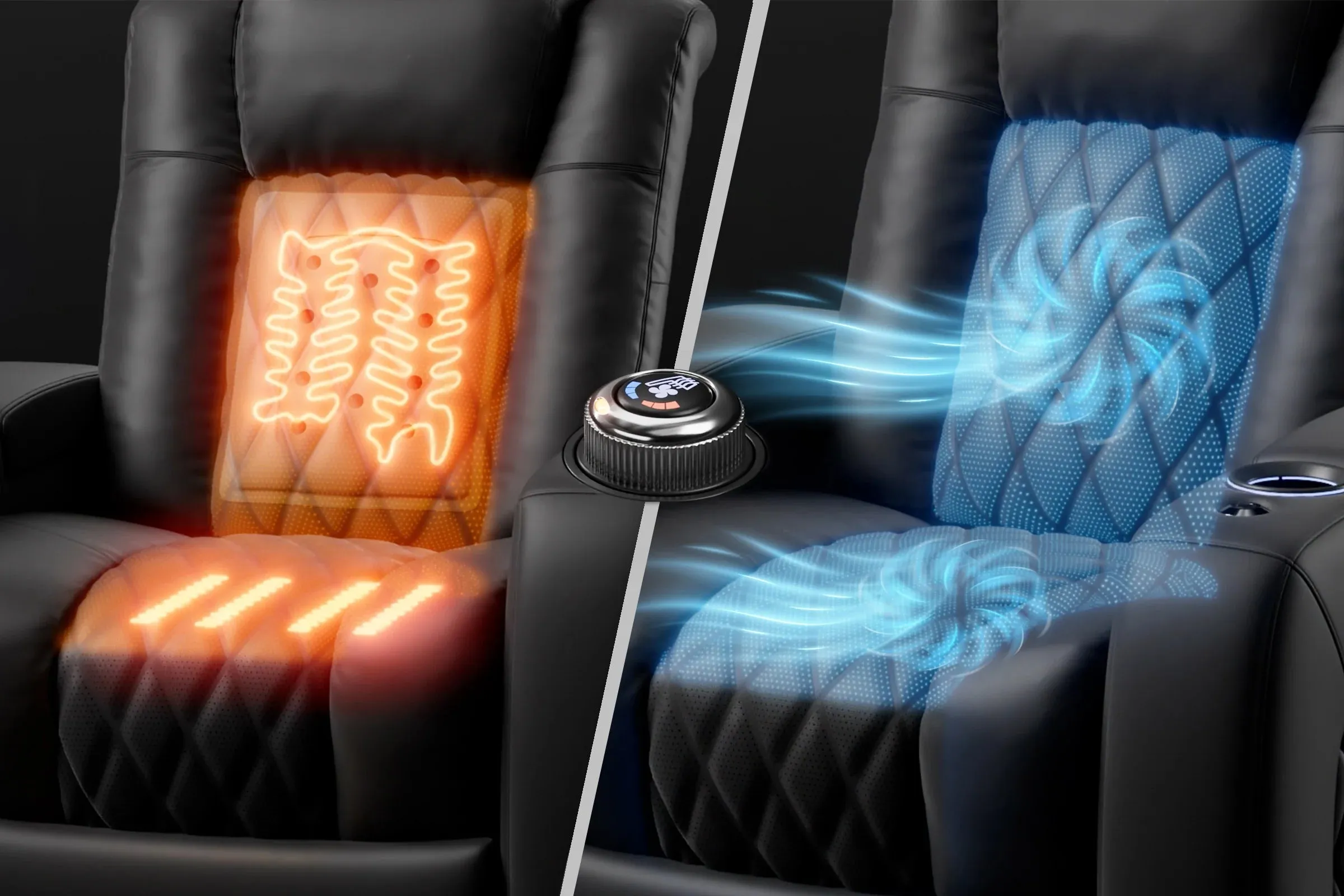 Valencia Tuscany Ultimate Luxury Heat & Ventilation Leather Home Theater Seating Row of 5, Onyx
