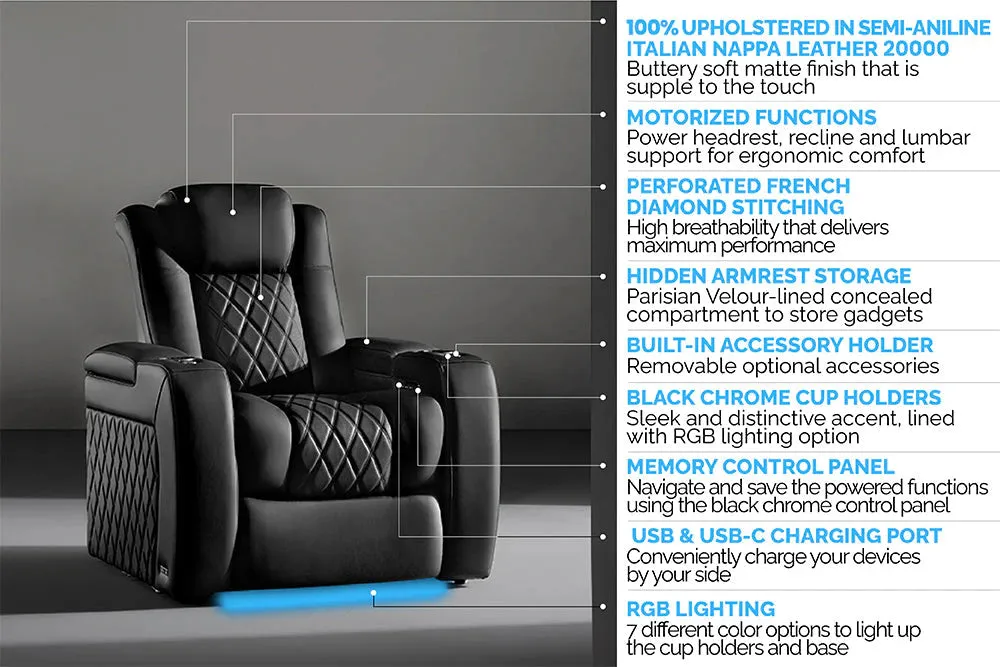 Valencia Tuscany Ultimate Luxury Heat & Ventilation Leather Home Theater Seating Row of 5, Onyx