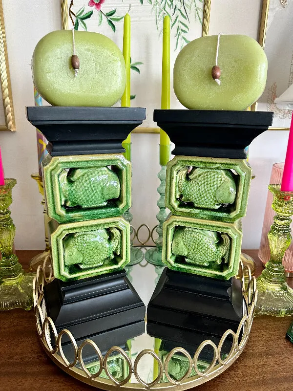 Vintage Candle Holders, Green Ceramic Fish with Black wood base and top, with 2 Candles