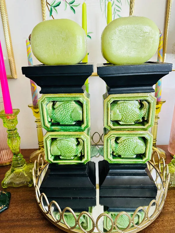 Vintage Candle Holders, Green Ceramic Fish with Black wood base and top, with 2 Candles