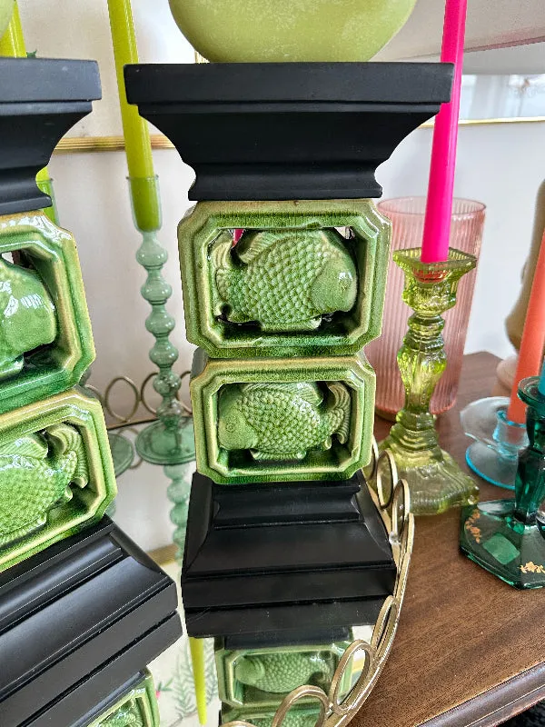 Vintage Candle Holders, Green Ceramic Fish with Black wood base and top, with 2 Candles