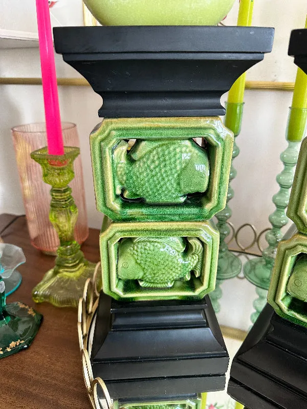 Vintage Candle Holders, Green Ceramic Fish with Black wood base and top, with 2 Candles