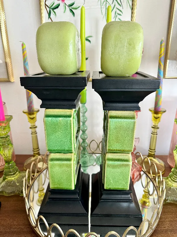Vintage Candle Holders, Green Ceramic Fish with Black wood base and top, with 2 Candles