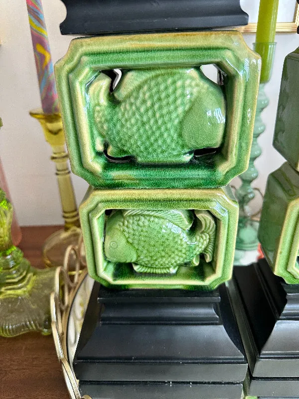 Vintage Candle Holders, Green Ceramic Fish with Black wood base and top, with 2 Candles