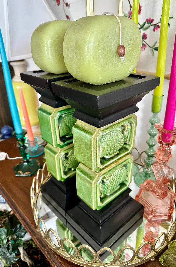Vintage Candle Holders, Green Ceramic Fish with Black wood base and top, with 2 Candles