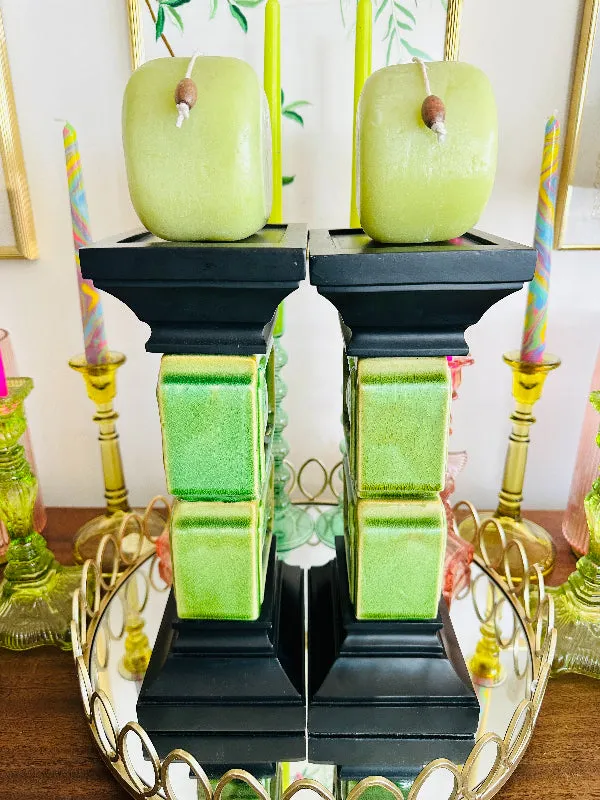 Vintage Candle Holders, Green Ceramic Fish with Black wood base and top, with 2 Candles