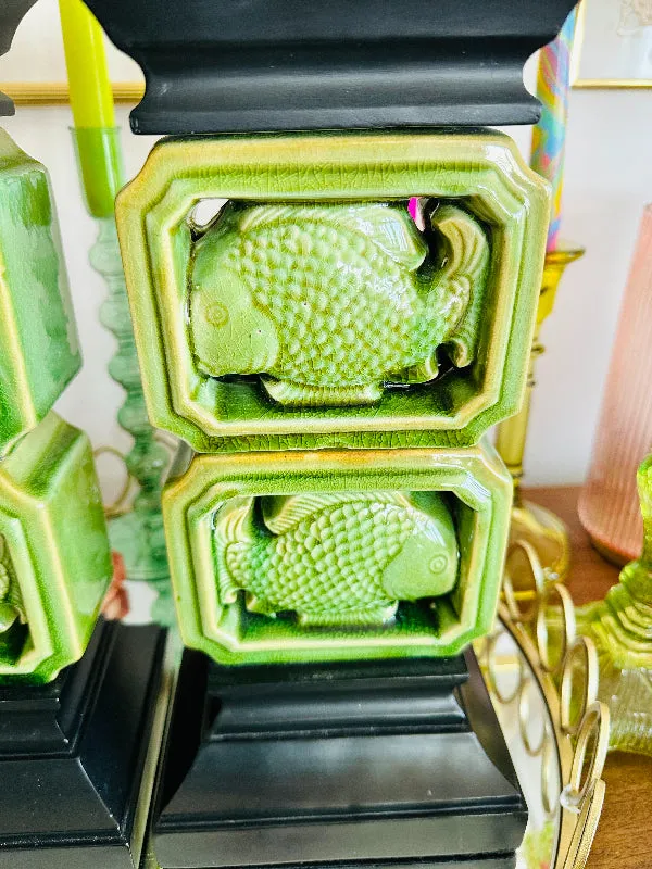 Vintage Candle Holders, Green Ceramic Fish with Black wood base and top, with 2 Candles