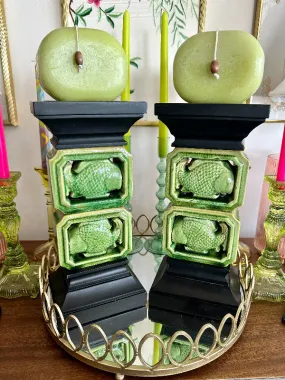 Vintage Candle Holders, Green Ceramic Fish with Black wood base and top, with 2 Candles