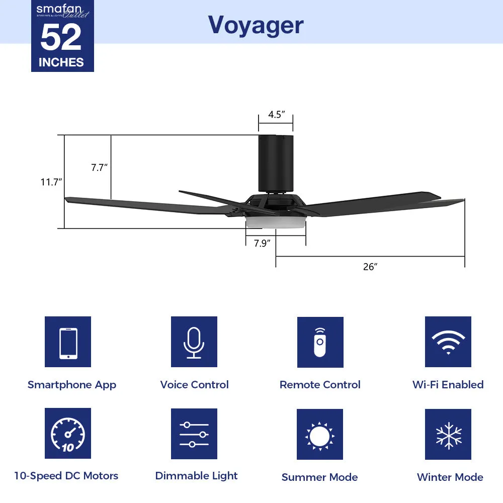 Voyager Smart Flush Mount Ceiling Fan with LED Light Outdoor Indoor 52”