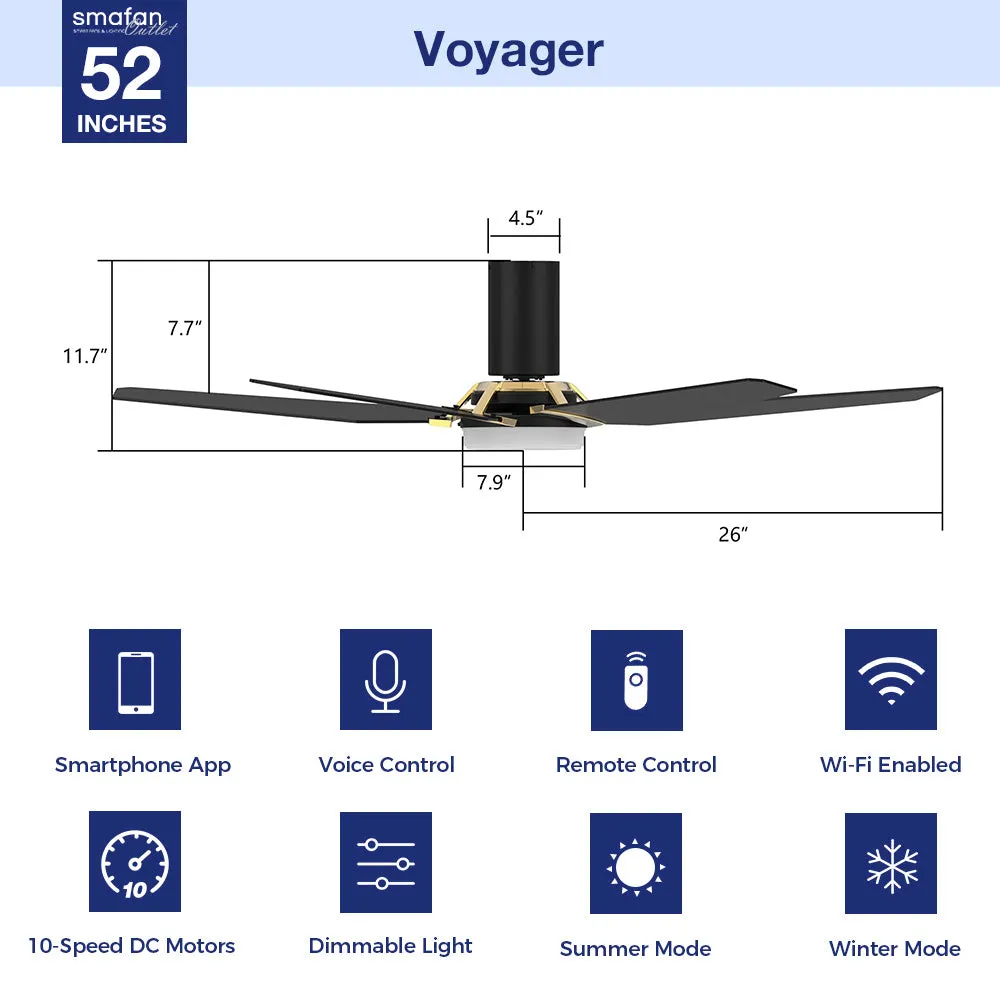 Voyager Smart Flush Mount Ceiling Fan with LED Light Outdoor Indoor 52”