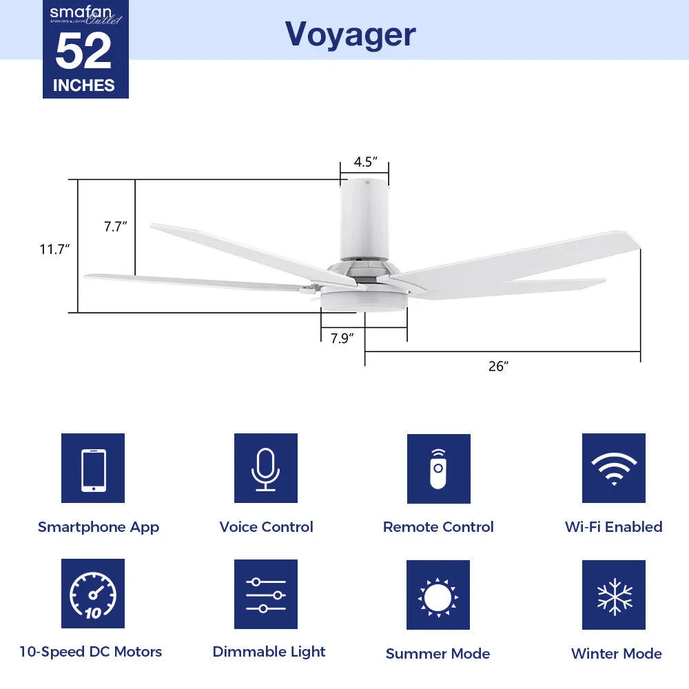 Voyager Smart Flush Mount Ceiling Fan with LED Light Outdoor Indoor 52”