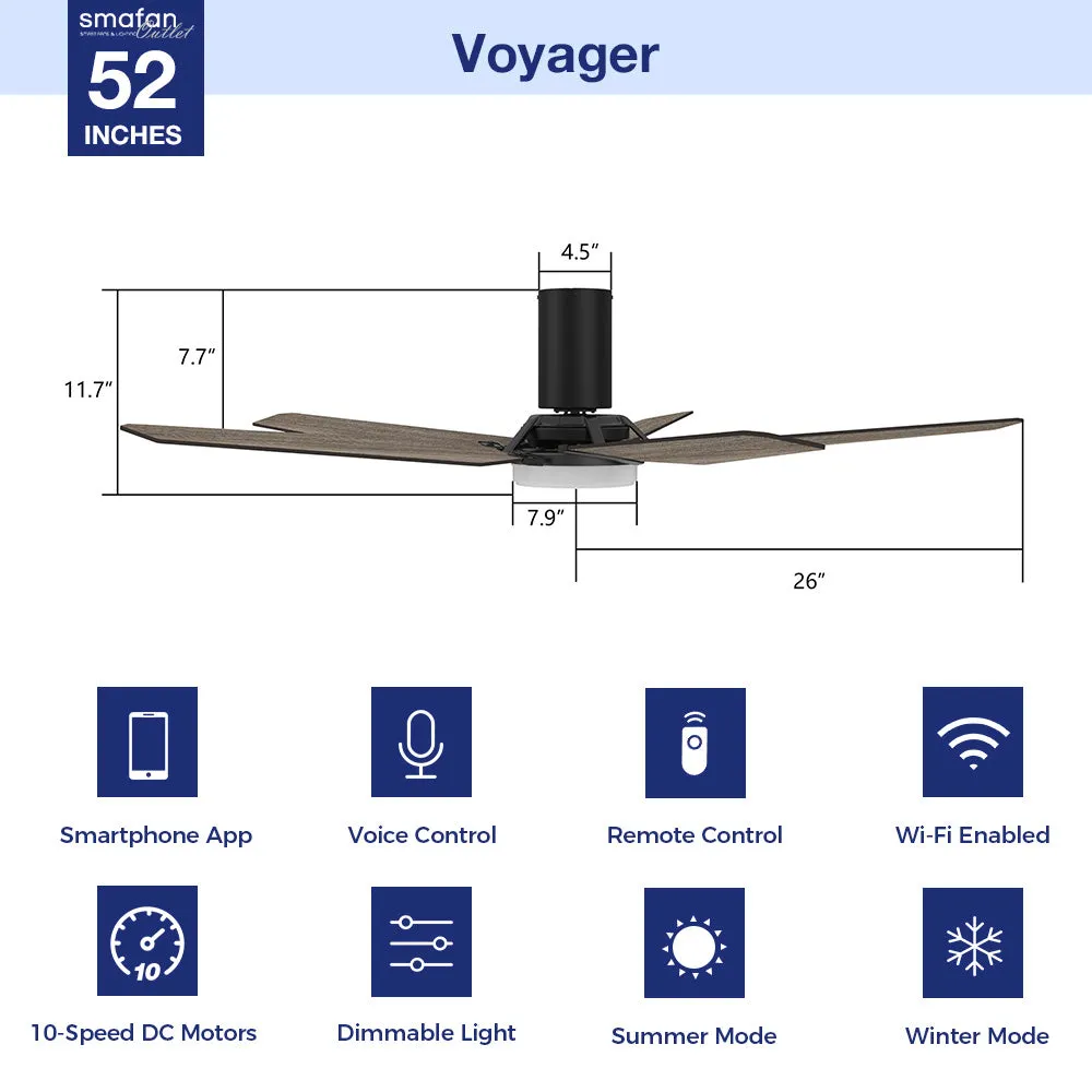 Voyager Smart Flush Mount Ceiling Fan with LED Light Outdoor Indoor 52”