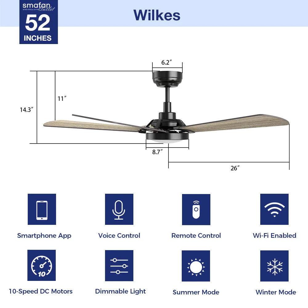 Wilkes Outdoor Smart Ceiling Fan with LED Light and Remote 52"