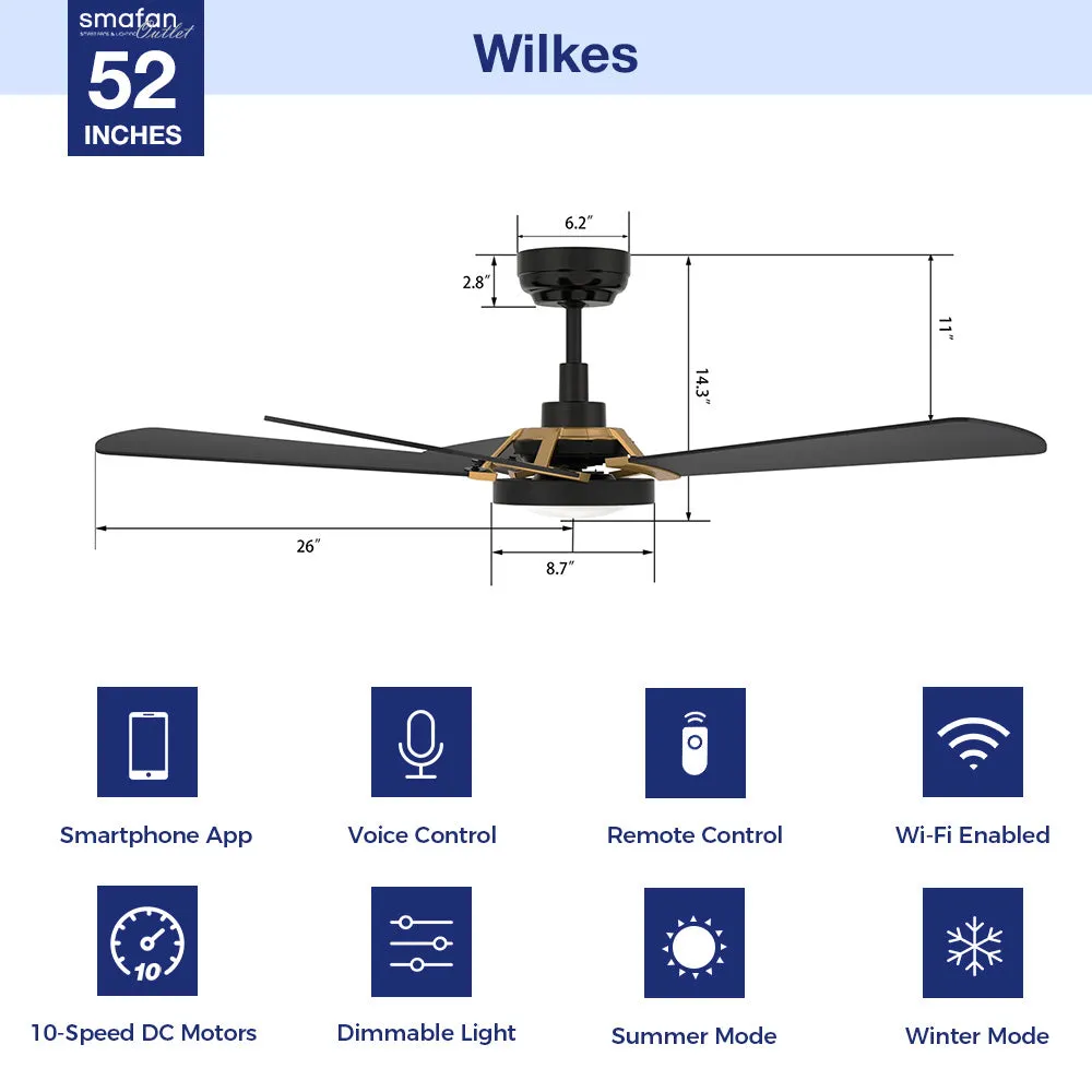 Wilkes Outdoor Smart Ceiling Fan with LED Light and Remote 52"