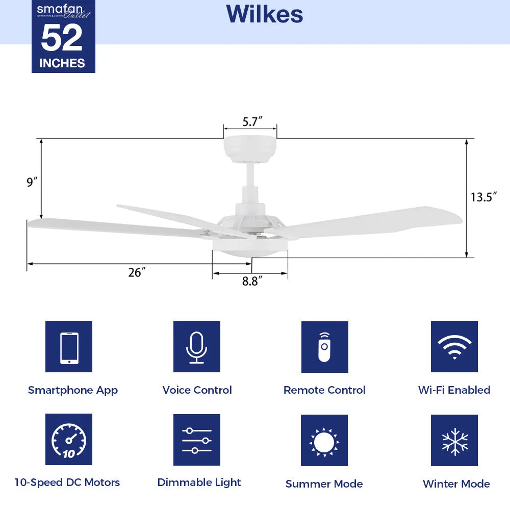 Wilkes Outdoor Smart Ceiling Fan with LED Light and Remote 52"